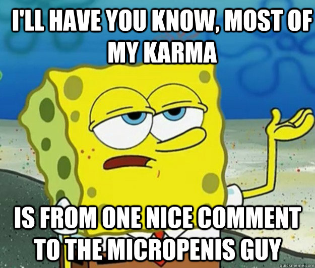 I'll have you know, most of my karma is from one nice comment to the micropenis guy - I'll have you know, most of my karma is from one nice comment to the micropenis guy  How tough am I