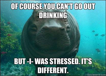 OF COURSE YOU CAN'T GO OUT DRINKING BUT -I- WAS STRESSED. IT'S DIFFERENT. - OF COURSE YOU CAN'T GO OUT DRINKING BUT -I- WAS STRESSED. IT'S DIFFERENT.  Hypocritical Hippo