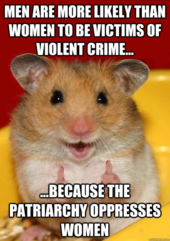 men are more likely than women to be victims of violent crime... ...because the patriarchy oppresses women   Rationalization Hamster