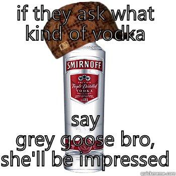 IF THEY ASK WHAT KIND OF VODKA SAY GREY GOOSE BRO, SHE'LL BE IMPRESSED Scumbag Alcohol