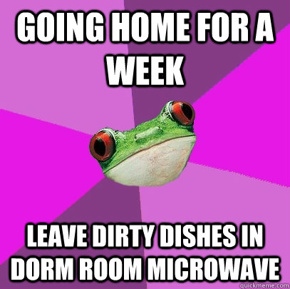 going home for a week leave dirty dishes in dorm room microwave  Foul Bachelorette Frog