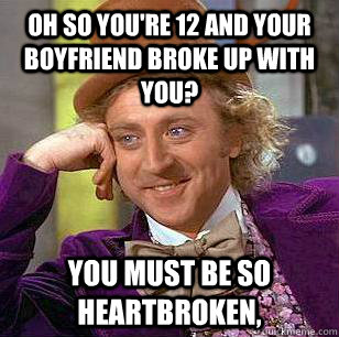 oh so you're 12 and your boyfriend broke up with you? you must be so heartbroken,  Condescending Wonka