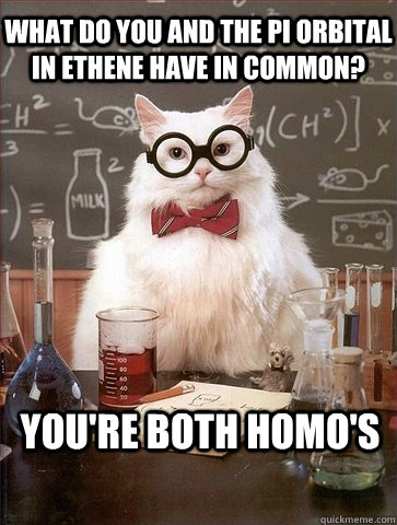 WHAT DO YOU AND THE PI ORBITAL IN ETHENE HAVE IN COMMON? YOU'RE BOTH HOMO'S - WHAT DO YOU AND THE PI ORBITAL IN ETHENE HAVE IN COMMON? YOU'RE BOTH HOMO'S  Chemistry Cat