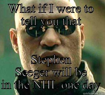 Steph meme - WHAT IF I WERE TO TELL YOU THAT STEPHEN SEEGER WILL BE IN THE NHL ONE DAY Matrix Morpheus