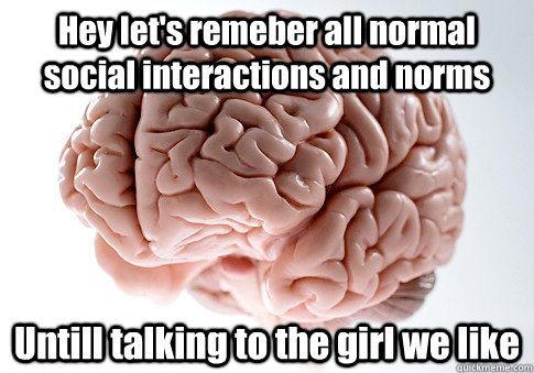 Hey let's remeber all normal social interactions and norms  Untill talking to the girl we like  Scumbag Brain