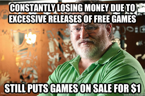 Constantly losing money due to excessive releases of free games Still puts games on sale for $1  Good Guy Gabe