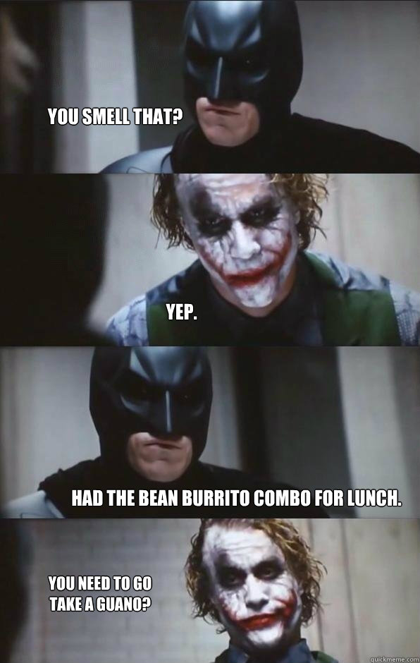 You smell that? Yep. Had the bean burrito combo for lunch. You need to go take a guano? - You smell that? Yep. Had the bean burrito combo for lunch. You need to go take a guano?  Batman Panel