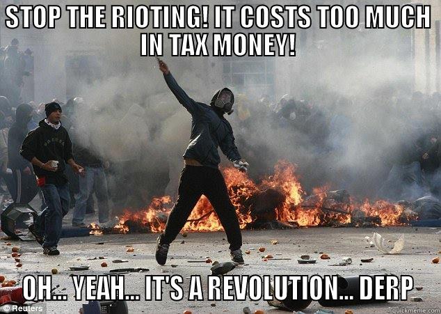 STOP THE RIOTING! IT COSTS TOO MUCH IN TAX MONEY! OH... YEAH... IT'S A REVOLUTION... DERP Misc