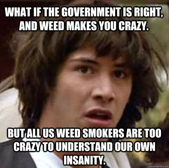 What if the government is right, and weed makes you crazy. but all us weed smokers are too crazy to understand our own insanity.  conspiracy keanu