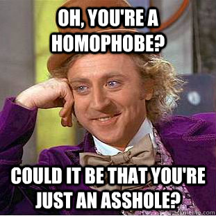 Oh, you're a homophobe? Could it be that you're just an asshole?  Condescending Wonka