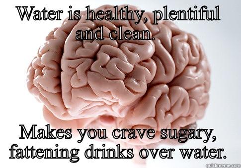 WATER IS HEALTHY, PLENTIFUL AND CLEAN.  MAKES YOU CRAVE SUGARY, FATTENING DRINKS OVER WATER. Scumbag Brain