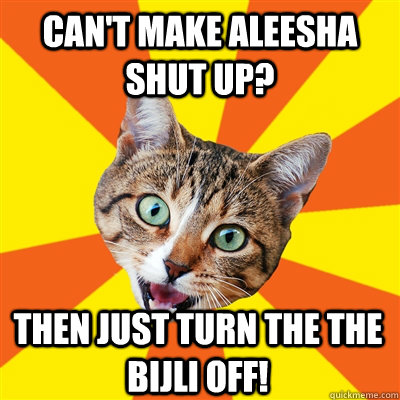 Can't make aleesha shut up?  then just turn the the bijli off!  Bad Advice Cat