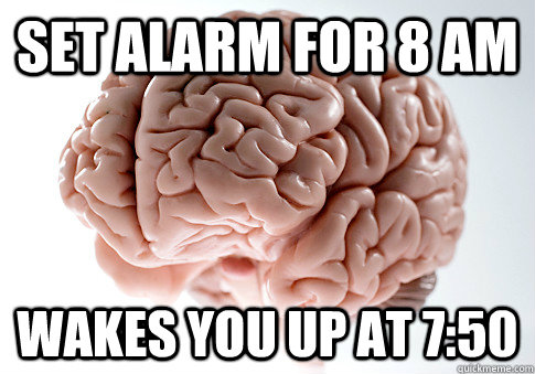 Set alarm for 8 am Wakes you up at 7:50  - Set alarm for 8 am Wakes you up at 7:50   Scumbag Brain