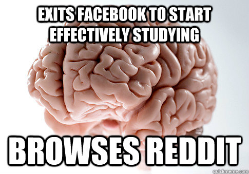 EXITS FACEBOOK TO START EFFECTIVELY STUDYING BROWSES REDDIT   Scumbag Brain