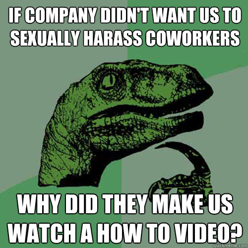 If company didn't want us to sexually harass coworkers why did they make us watch a how to video?  Philosoraptor