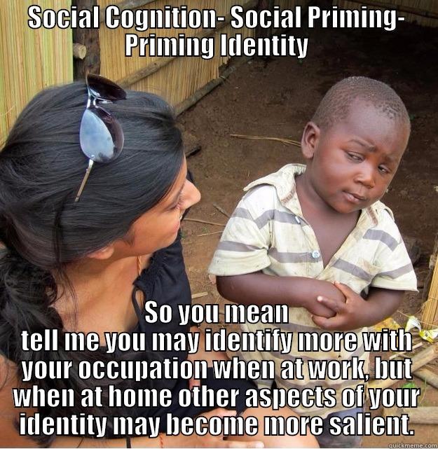 social Psych - SOCIAL COGNITION- SOCIAL PRIMING- PRIMING IDENTITY SO YOU MEAN TELL ME YOU MAY IDENTIFY MORE WITH YOUR OCCUPATION WHEN AT WORK, BUT WHEN AT HOME OTHER ASPECTS OF YOUR IDENTITY MAY BECOME MORE SALIENT. Skeptical Third World Kid