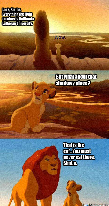 Look, Simba. Everything the light touches is California Lutheran University. But what about that shadowy place? That is the caf...You must never eat there, Simba.  