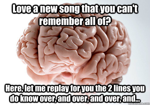 Love a new song that you can't remember all of? Here, let me replay for you the 2 lines you do know over, and over, and over, and...  Scumbag Brain