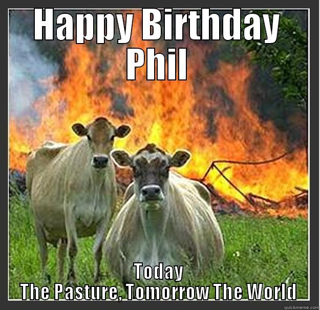 Happy Birthday Phil - HAPPY BIRTHDAY PHIL TODAY THE PASTURE, TOMORROW THE WORLD Evil cows