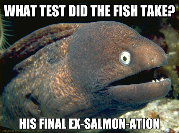 What test did the fish take? His Final Ex-Salmon-ation  Bad Joke Eel