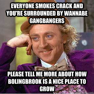 everyone smokes crack and you're surrounded by wannabe gangbangers please tell me more about how bolingbrook is a nice place to grow - everyone smokes crack and you're surrounded by wannabe gangbangers please tell me more about how bolingbrook is a nice place to grow  Condescending Wonka