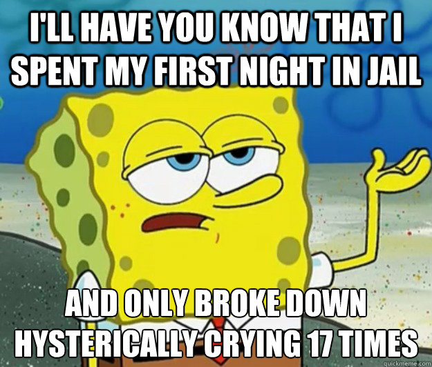 I'll have you know that I spent my first night in jail And only broke down hysterically crying 17 times  Tough Spongebob