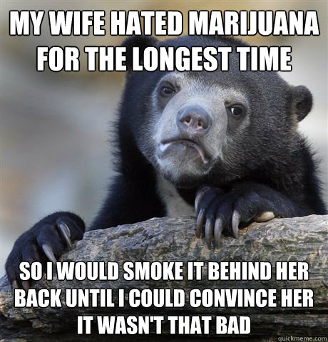 my wife hated marijuana for the longest time so i would smoke it behind her back until i could convince her it wasn't that bad - my wife hated marijuana for the longest time so i would smoke it behind her back until i could convince her it wasn't that bad  Confession Bear