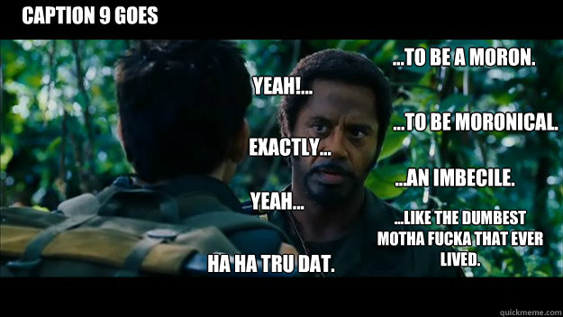 ...to be moronical. ...an imbecile. ...like the dumbest motha fucka that ever lived. ...to be a moron. Yeah!... Exactly... Yeah... ha ha tru dat. Caption 9 goes here  Tropic Thunder Quote