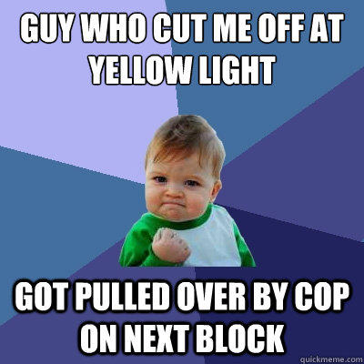 Guy who cut me off at yellow light Got pulled over by cop on next block  