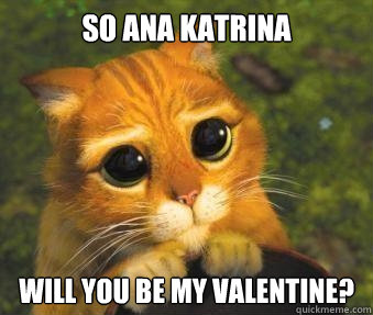 So Ana Katrina 
 will you be my valentine?  Puss in boots