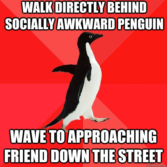 walk directly behind socially awkward penguin wave to approaching friend down the street  Socially Awesome Penguin