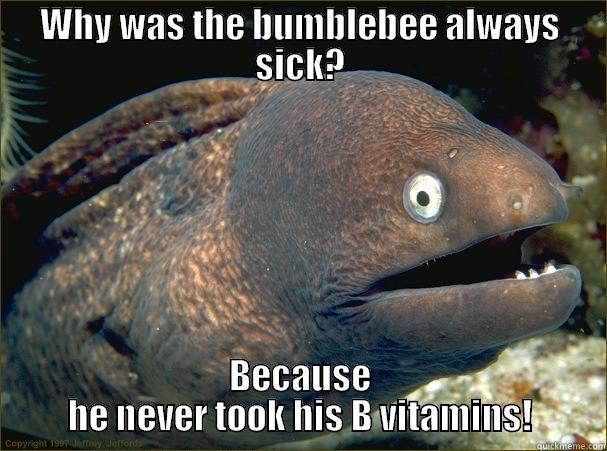 WHY WAS THE BUMBLEBEE ALWAYS SICK? BECAUSE HE NEVER TOOK HIS B VITAMINS! Bad Joke Eel