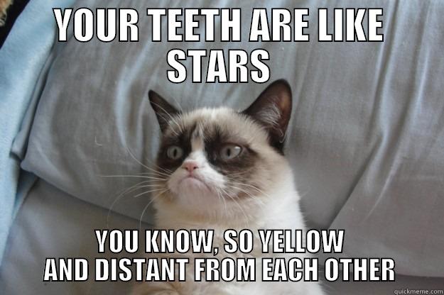 YOUR TEETH ARE LIKE STARS YOU KNOW, SO YELLOW AND DISTANT FROM EACH OTHER Grumpy Cat