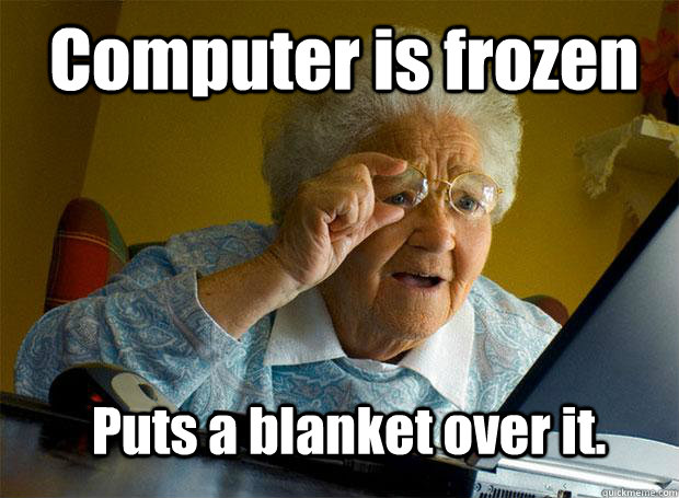 Computer is frozen Puts a blanket over it.  Grandma finds the Internet