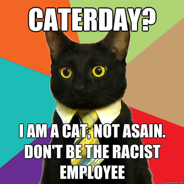 caterday? i am a cat, Not asain.
Don't be the racist employee  Business Cat