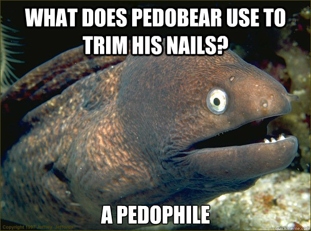 What does pedobear use to trim his nails? A pedophile - What does pedobear use to trim his nails? A pedophile  Bad Joke Eel