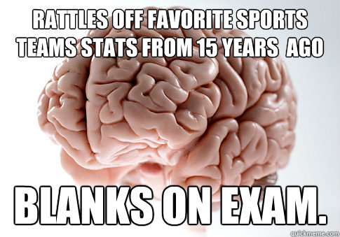 Rattles off favorite sports teams stats from 15 years  ago Blanks on exam.  Scumbag Brain