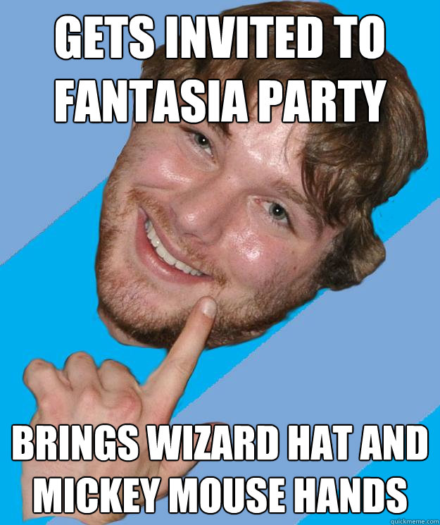 gets invited to fantasia party brings wizard hat and mickey mouse hands  