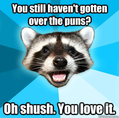 You still haven't gotten over the puns?  Oh shush. You love it. - You still haven't gotten over the puns?  Oh shush. You love it.  Lame Pun Coon