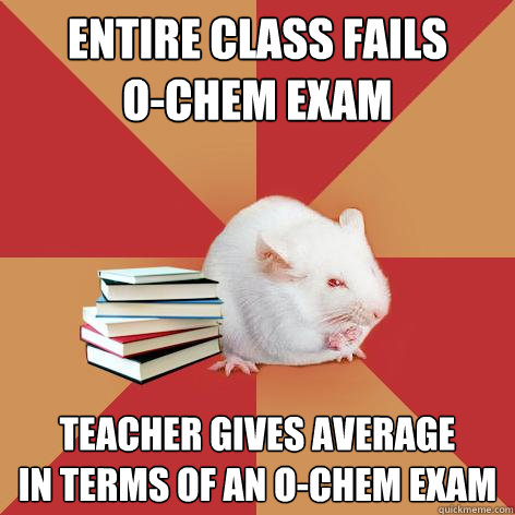 Entire class fails
O-Chem exam Teacher gives average
in terms of an O-chem exam - Entire class fails
O-Chem exam Teacher gives average
in terms of an O-chem exam  Science Major Mouse