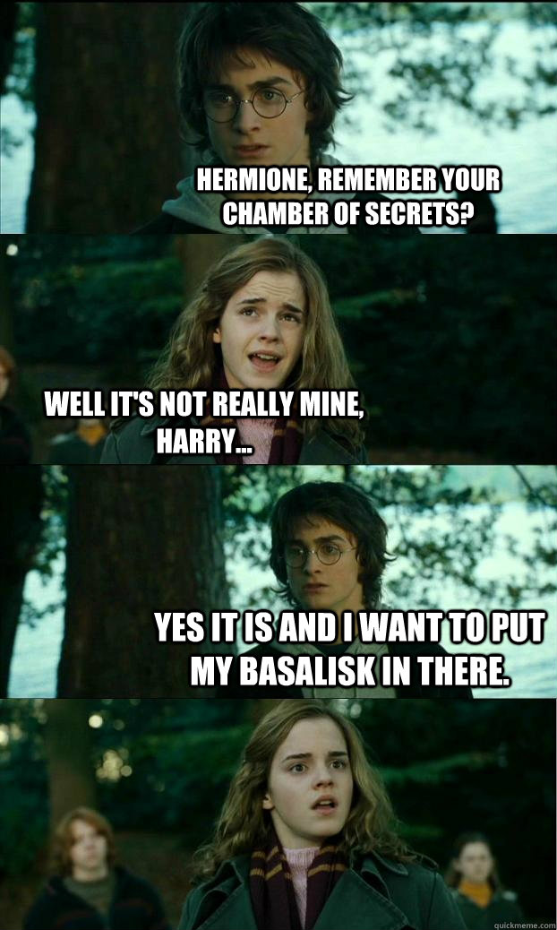 Hermione, remember your chamber of secrets? Well it's not really mine, harry... Yes it is and i want to put my basalisk in there.  Horny Harry