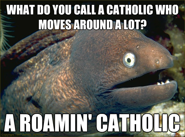 What do you call a catholic who moves around a lot? a roamin' catholic  Bad Joke Eel