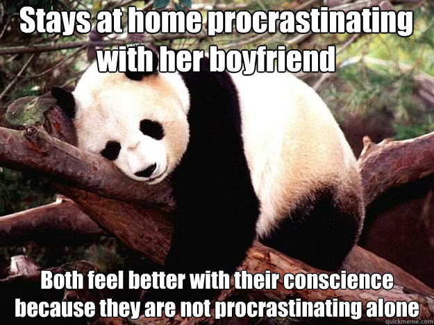 Stays at home procrastinating with her boyfriend Both feel better with their conscience because they are not procrastinating alone  Procrastination Panda