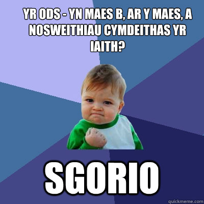 Yr Ods - yn maes B, ar y maes, a  nosweithiau Cymdeithas yr iaith? Sgorio  Success Kid