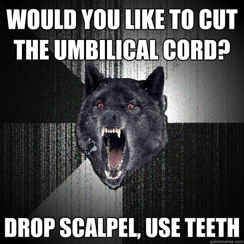 Would you like to cut the umbilical cord? drop scalpel, use teeth - Would you like to cut the umbilical cord? drop scalpel, use teeth  Insanity Wolf