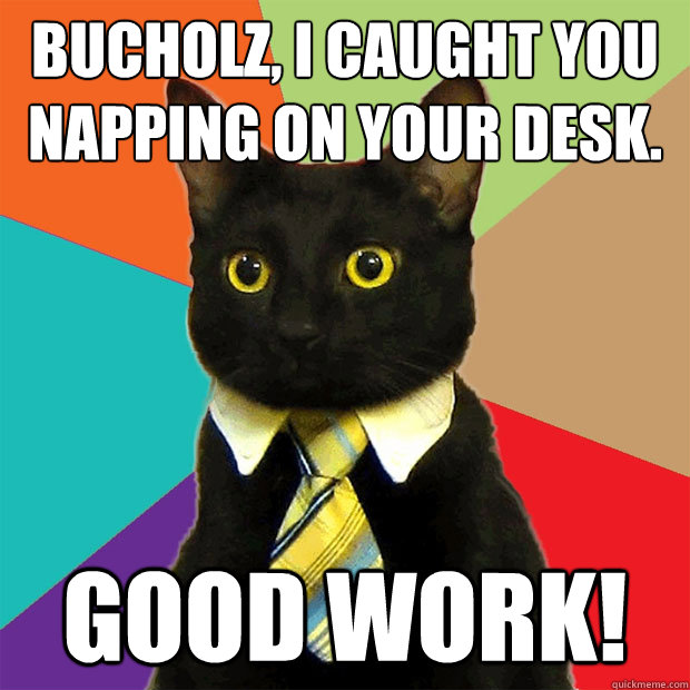 Bucholz, I caught you napping on your desk. Good work!  Business Cat