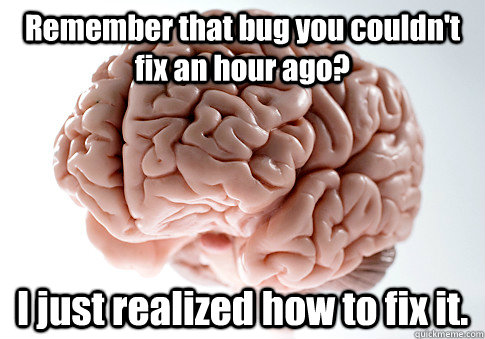 Remember that bug you couldn't fix an hour ago? I just realized how to fix it.  - Remember that bug you couldn't fix an hour ago? I just realized how to fix it.   Scumbag Brain