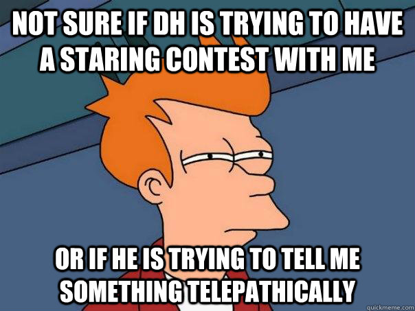 not sure if DH is trying to have a staring contest with me or if he is trying to tell me something telepathically  Futurama Fry