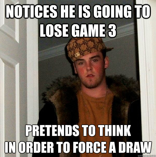 Notices he is going to lose game 3 pretends to think 
in order to force a draw  Scumbag Steve