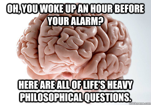 oh, you woke up an hour before your alarm? Here are all of life's heavy philosophical questions. - oh, you woke up an hour before your alarm? Here are all of life's heavy philosophical questions.  Scumbag Brain